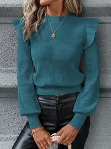 SHEIN Clasi Suéter informal de mujer de talla grande con cuello alto, volantes y manga larga, color negro, apropiado para el trabajo/maestros, otoño - Azul - Ver 5