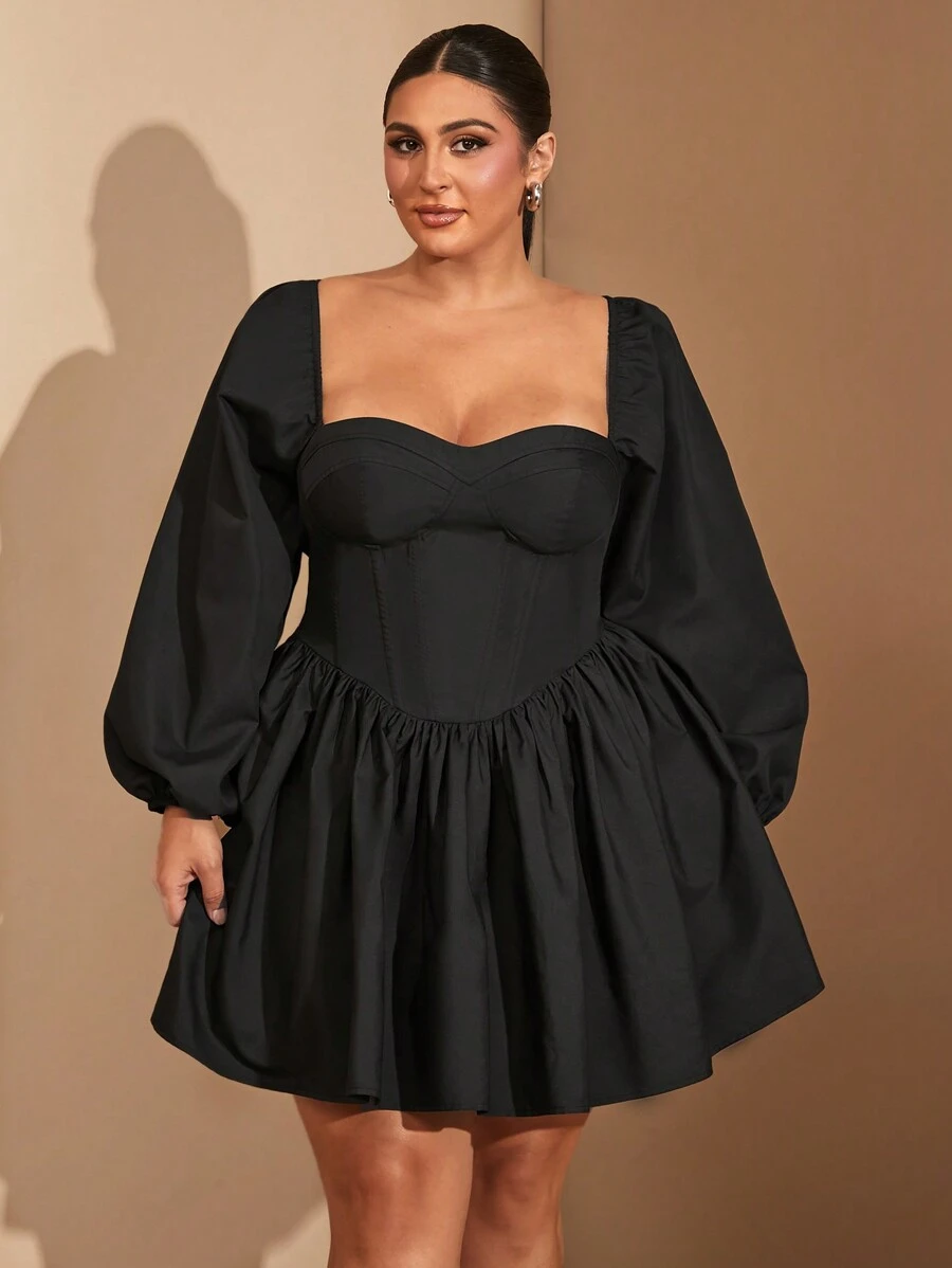 SHEIN BAE Plus Size Women's Autumn And Winter Long-Sleeved Breast Cup Details Sweet Hot Girl Puff Sleeves Breast Cup Details Black Puffy Mini Halloween Dress - Black - View 1