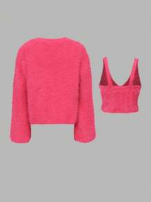 Preteen Tween Girls Plain Spaghetti Strap Camisole Top & Button Front Casual Jacket Set - Pink - View 3