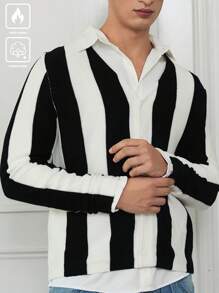 Manfinity Hypemode Men's Casual V-Neck Button-Front Long Sleeve Striped Cardigan, Autumn/Winter - Black and White - View 1