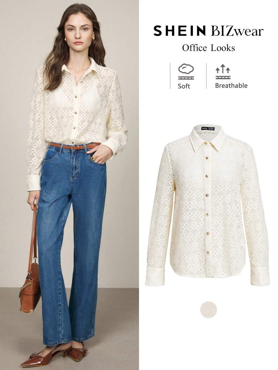 BizChic Women's Business Commuter Lace Sheer Blouse, Elegant Outfit For Christmas, New Year Party, Autumn/Winter