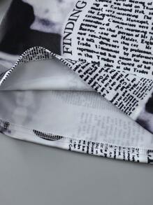 SHEIN Young Girl Korean Style Outfit, Vintage Newspaper Print Long Sleeve T-Shirt Top + Street Style Cargo Pocket Skirt, 2 Pieces Set, Spring/Autumn