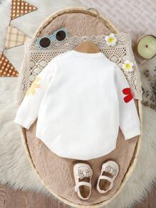Baby Girls Floral Print Long Sleeve Round Neck Buttoned Sweater Bodysuit, Soft And Suitable For Everyday, Outings, Travel, Vacation, Home, Daycare And Baby Girl Activities Wear