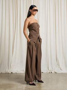 AiiRZ Tailored Bandeau Button Detail Top With Wide Leg Pant Two-Piece Co-Ord Suit Set - Coffee Brown - View 1