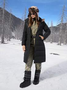 SHEIN EZwear 女士连帽口袋蓬松拼接长袖羽绒夹克，冬季