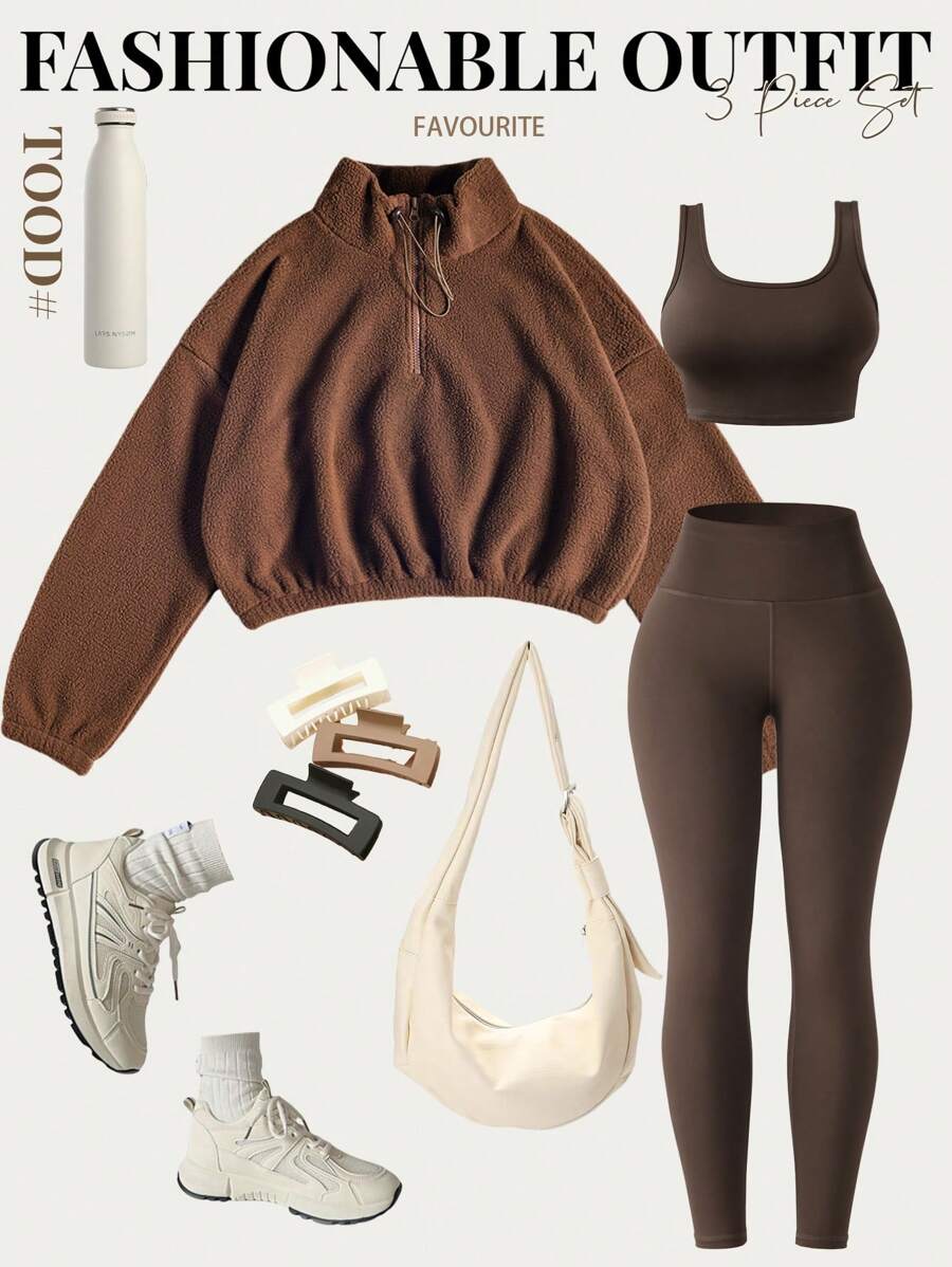 Women's 3PCS Thermal Lined Sports Set, Thermal Tight Vest And Pants For Running, Gym, Fitness & Outdoor Workouts, Autumn/Winter - Coffee Brown - View 1