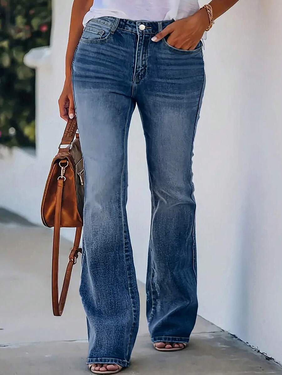 Casual Basic Bestselling Special Washed Flare Jeans - Dark Wash - View 1