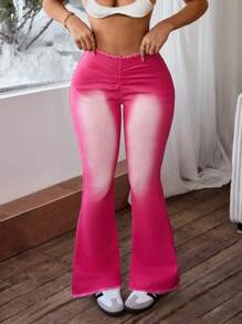 SHEIN ICON Women's Fashion Distressed Frayed Hem Skinny Flare Leg Jeans - Rose Red - View 5