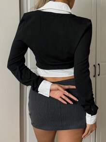 SHEIN EZwear 黑白针织前扣休闲二合一女式长袖衬衫 - 黑與白 - 查看 2