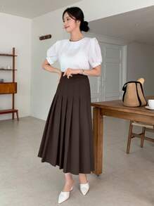 DAZY 女士纯色百褶休闲/办公中长裙 - 鏽棕色 - 查看 4