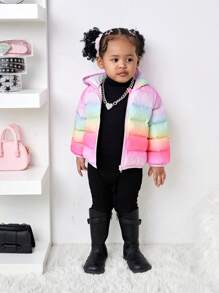 SHEIN Baby Girl Colorful Ombre Hooded Thick Fleece Jacket, Warm And Versatile For Autumn/Winter