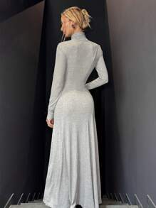 SHEIN EZwear 1pc Women Solid Color Long Sleeve Simple High Neck Long Dress, Casual For Daily Wear - Grey - View 2
