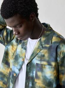 Manfinity VCAY 1 件男士休闲时尚仿扎染长袖编织衬衫，适合年轻人日常穿着 - 綠色 - 查看 4