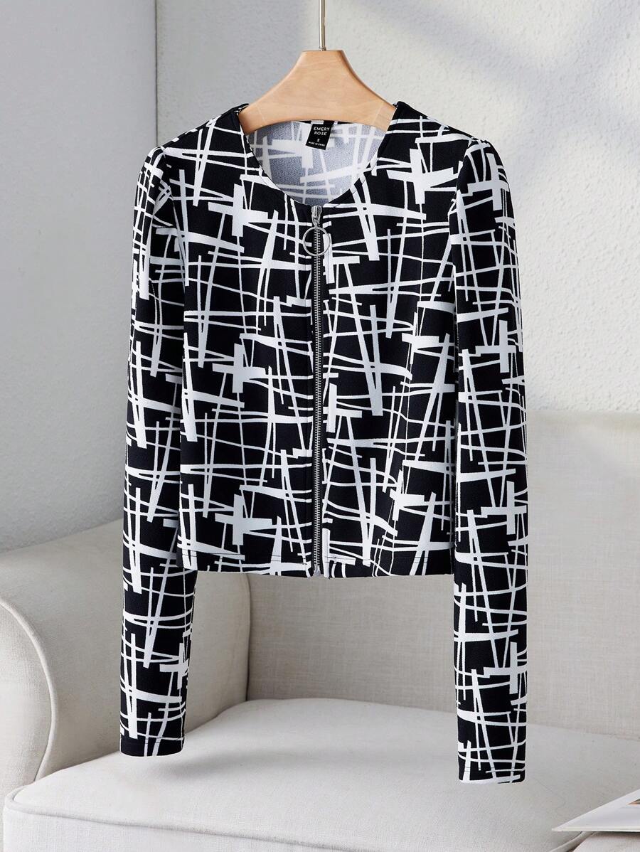 EMERY ROSE Women's Casual Full-Print Cropped Jacket, Spring & Autumn - Multicolor - View 1