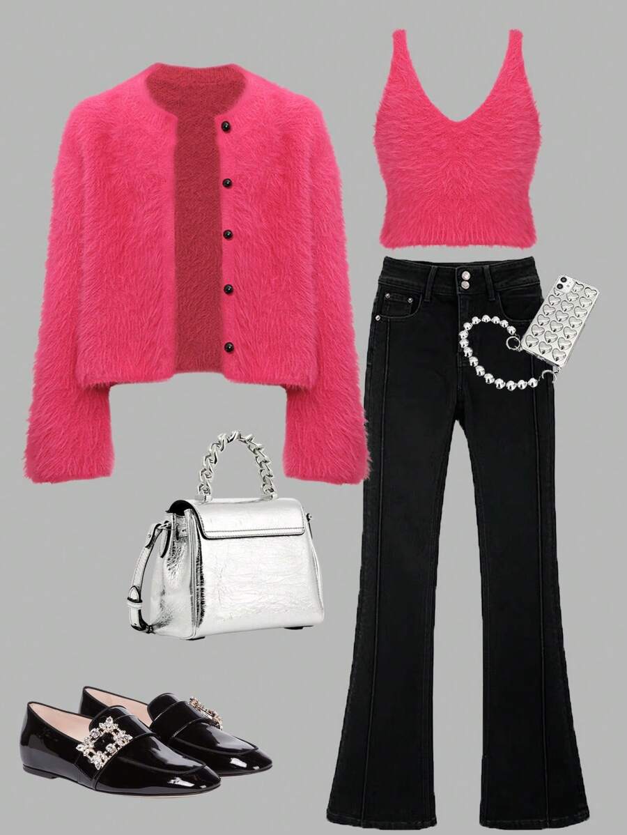 Preteen Tween Girls Plain Spaghetti Strap Camisole Top & Button Front Casual Jacket Set - Pink - View 1