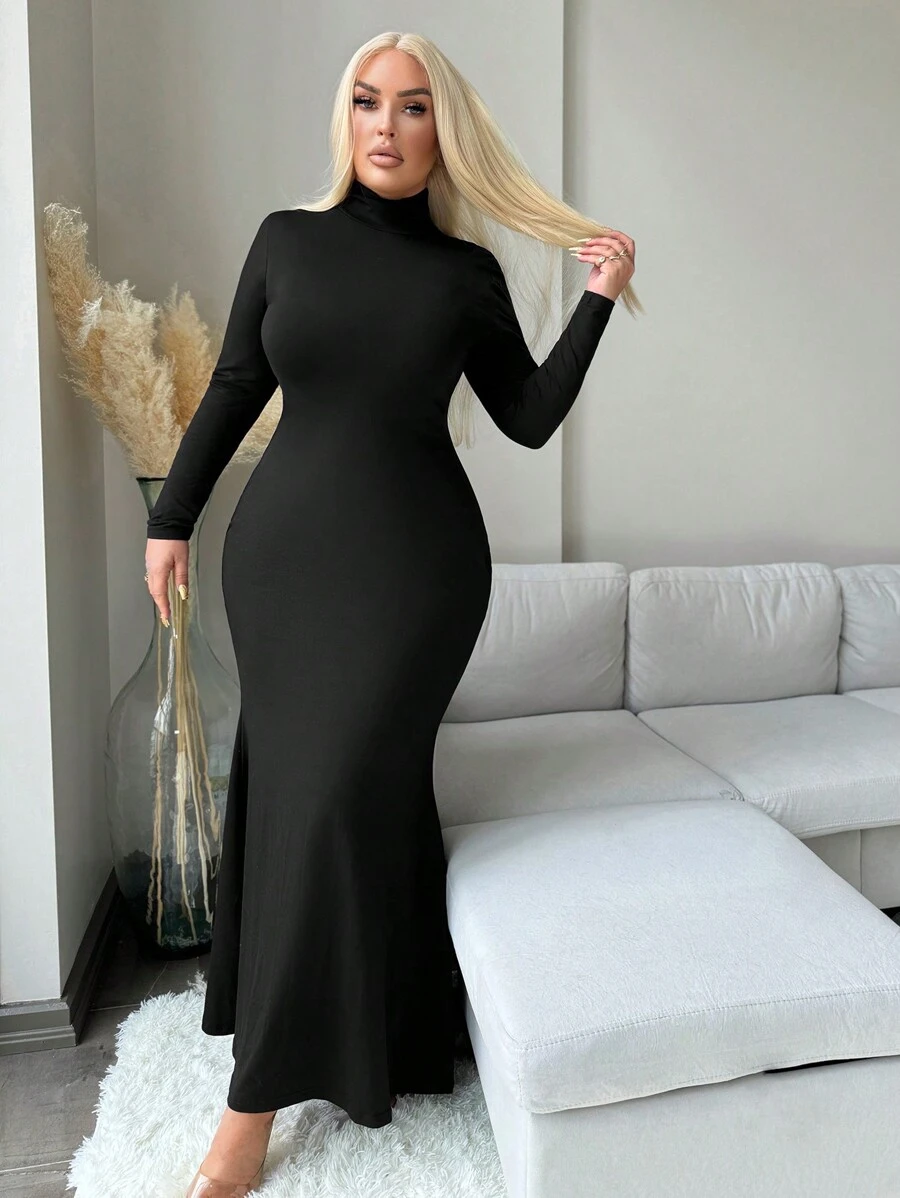 SHEIN SXY Plus Size Women Comfortable Casual Turtleneck Backless Long Bodycon Dress, Autumn/Winter