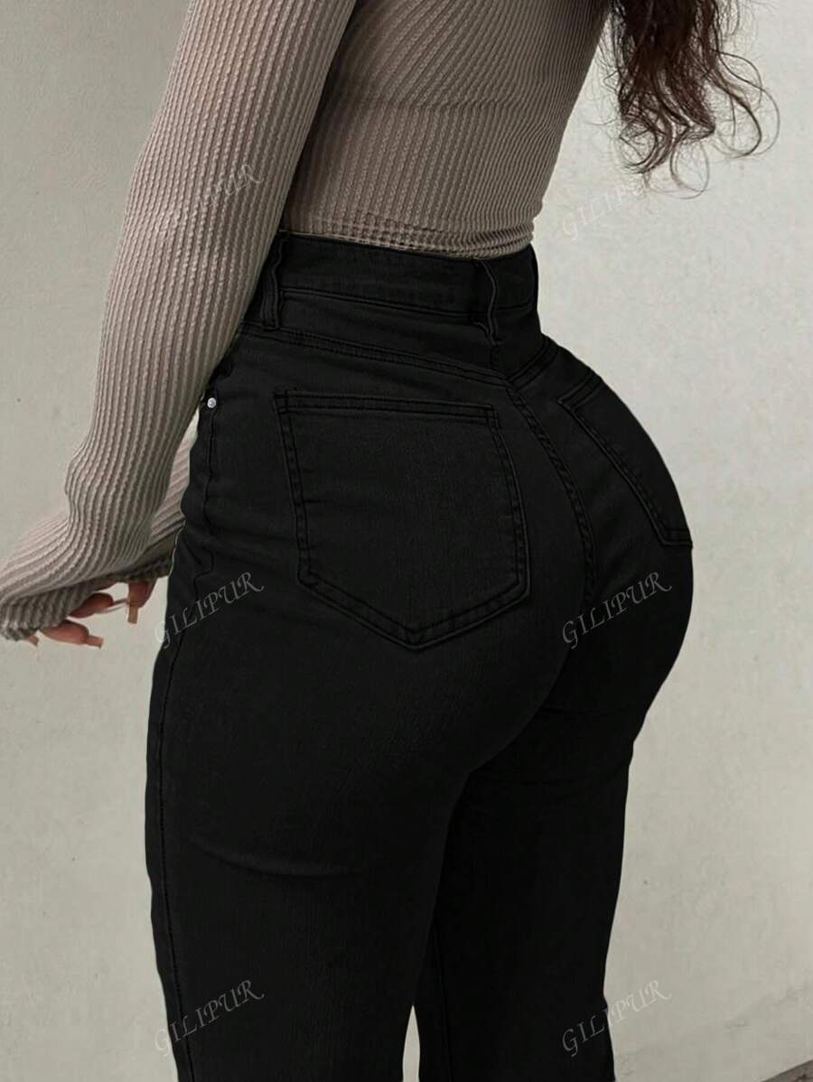 GILIPUR New Black Y2K Flare Leg Women's Jeans - High Waist, Slim Fit, Stretch, Elegant, Fashionable, Casual, Versatile, Back-To-School Street Style, 2000s Fashion, Autumn & Winter Clothing, Retro Apparel, Perfect For Halloween And Christmas Outfits