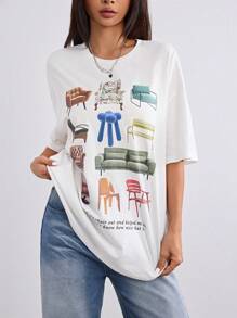 SHEIN EZwear 休闲纯色针织前中心印花圆领短袖宽松女式 T 恤 - 白色 - 查看 7