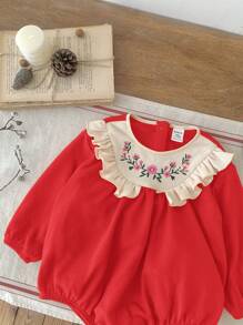 SHEIN LMoss Kids LMoss Newborn Baby Girl Autumn/Winter Cute Knitted Colorblock Embroidered Pumpkin Decor Ruffle Crotch Open Bodysuit - Red - View 4