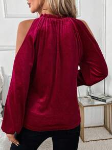 SHEIN Clasi Áo nhung thường ngày lệch vai có cổ xếp nếp cho nữ, mùa thu/đông - Màu Đỏ Sâu - Xem 2