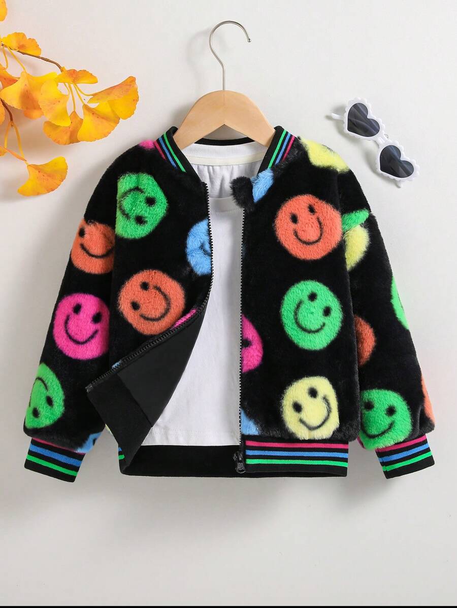 SHEIN Princess-Style Girls Long Sleeve Baseball Jacket,Multicolor Cartoon Happy Face Design,Autumn,Career Day,Fuzzy Fleece Coat For School & Everyday Wear - Black - View 1