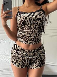 SHEIN EZwear Summer Fashionable Leopard Print Lace Trim Bodycon Strap Shorts Set - Brown - View 4