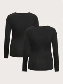 SHEIN 2pcs/Set Maternity Fitted Plush Lining Basic T-Shirt, Black, Autumn/Winter - Black - View 2