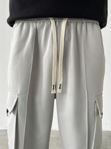 Claim Dot Men's Solid Color Drawstring Waist Cargo Pocket Tapered Leg Casual Pants - Light Grey - View 7