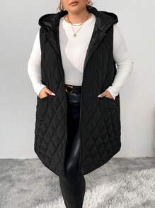 SHEIN CURVE+ 大码翻盖口袋连帽绗缝背心外套，适合冬季 - 黑色 - 查看 7