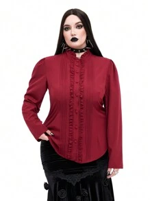 Whyspr Goth Punk Plus Size Women Gothic Punk Retro Palace Style Fitted Blouse - Burgundy - View 2