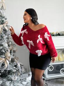 SHEIN SXY Plus Size Women Christmas V-Neck Bow Decor Red And White Sweater,Autumn Curve Party Red Sweater,Christmas Eve,Fall & Winter,Date Night,Looks Slim - Red - View 1