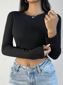 SHEIN BASICS 2 件纯色针织圆领长袖修身短款 T 恤，升级保暖面料，保暖内衬，不显臃肿，基本款弹性百搭秋冬女式上衣 - 淺灰色 - 查看 6