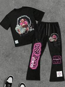 PAVTROS 男士涂鸦图案嘻哈风格 T 恤套装，男士两件套服装 - 黑色 - 查看 1