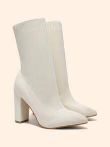 CUCCOO BASICS Pointed Toe Chunky High Heel Slip-On Knitted Women Boots For And Spring Shoes Spring Break Easter For Christmas - Beige - View 3