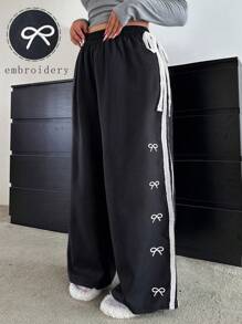 Flirla Versatile Loose Fit Pants With Bow Decor, Plus Size Casual Style - Black - View 1