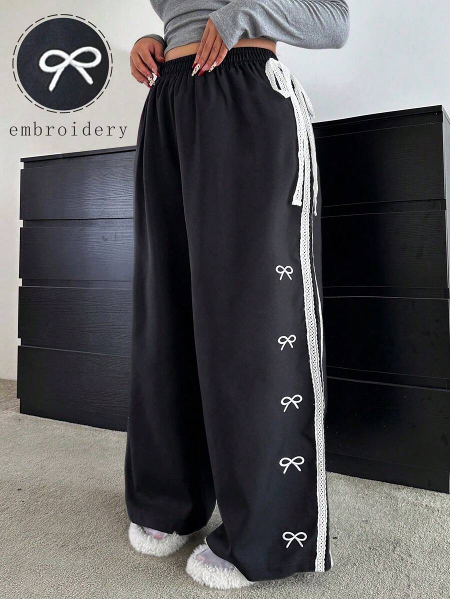 Flirla Versatile Loose Fit Pants With Bow Decor, Plus Size Casual Style - Black - View 1