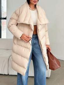 SHEIN Cottnline Fashionable Asymmetrical Snap Button Puffer Winter Coat - Beige - View 4