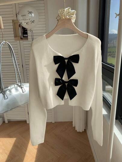 Comfortcana レディースラウンドネック リボンカーディガン、デイリーカジュアル、秋冬、長袖トップス