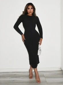 Zolique 女士毛衣裙长裙长袖黑色条纹麻花性感修身朋友聚会四季秋冬套装女装 - 黑色 - 查看 3