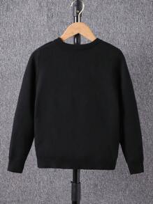 SHEIN Tween Boys 粗针织图案字母圆领套头衫，休闲且适合外出和居家，秋冬季 - 黑色 - 查看 2