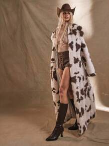 MUSERA WESTERN Fluffy Cow Print Longline Faux Fur Coat Festival Rave Crazy Holiday Western Cowgirl , Winter, Back To School - Multicolor - View 2