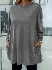 EMERY ROSE Plus Size Women Solid Color Round Neck Drop Shoulder Long Sleeve Pocket Loose Casual T-Shirt, Autumn - Dark Grey - View 1