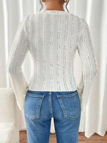 SHEIN Frenchy 女士圆领修身纹理面料休闲优雅喇叭袖，FW24，通勤，极简主义，办公室，老款，简约，女士纯色长袖简约 T 恤，休闲日常穿着，纹理面料女式上衣，冬季女装，紧身胸衣上衣，荷叶边秋季女装衬衫，返校节，有袖上衣，冬季女装 - 杏色 - 查看 2