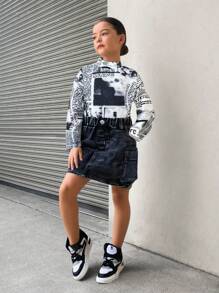 SHEIN Young Girl Korean Style Outfit, Vintage Newspaper Print Long Sleeve T-Shirt Top + Street Style Cargo Pocket Skirt, 2 Pieces Set, Spring/Autumn