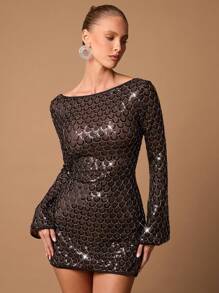 SHEIN BAE Váy chữ A dài tay đính sequin và hạt cườm thanh lịch dành cho nữ, thích hợp cho buổi hẹn hò thường ngày, tiệc hộp đêm, váy hở lưng ngọt ngào cho mùa thu - màu đen - Xem 7