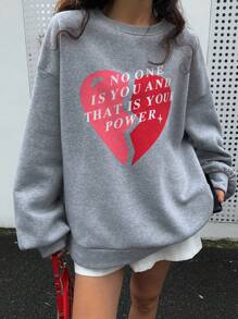 DAZY Women's Solid Color Crew Neck Letter Print Fleece Pullover Valentine Valentine's Day,Fall Clothes Sweatshirt,Winter - Grey - View 2