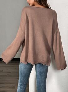 SHEIN LUNE Suéter informal oversize con cuello ancho, hombros caídos, diseño rasgado, bolsillo delantero y parte posterior talla grande larga