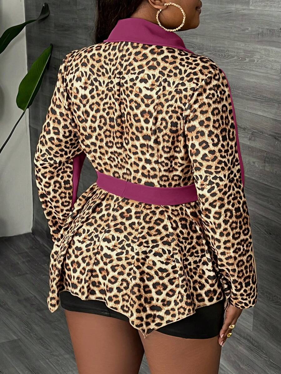 Slaydiva Plus Size Women's Elegant & Casual & Party Wear Coat With Asymmetrical Hem, Solid Color And Leopard Print Patchwork Design, With Belt, Autumn/Winter - Hot Pink - View 1
