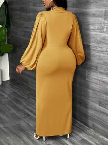 Slaydiva Vestido elegante de manga larga farol azul de hombros rectos en talla grande, adecuado para verano y otoño