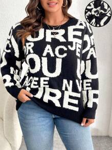 Calvaya Plus Size Crew Neck Letter Pattern Casual Long Sleeve Sweater Knit Pullover Fall Winter - Black - View 1